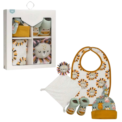 <span style="color: #d89ca0; font-weight: 600;">طقم هدية مولود أسد 4 قطع أبيض/رمادي - إنتيربيبي</span><br> <span style="display:inline-block; margin-top: 8px; color: #333333; font-weight: 600;">Newborn Lion Gift Set 4 Pieces White/Grey - Interbaby (SET56-18)</span>